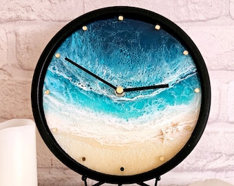 8" framed Round wall Clock from epoxy resin with sea waves , with round gold divisions , Modern wall resin clock , Gift for her or him