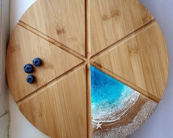 13" Checkered Round Wood Cutting Board , Reversible Pizza Board with 6 Slice Grooves decorated Sea waves from Epoxy Resin Thanksgiving gift