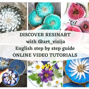 Könnte beinhalten: Eine Collage aus Untersetzern aus Kunstharz mit verschiedenen Designs, darunter florale, abstrakte und geometrische Muster. Die Untersetzer sind aus Epoxidharz gefertigt und haben eine glänzende Oberfläche. Der Text "DISCOVER RESINART with @art_vizijia English step by step guide ONLINE VIDEO TUTORIALS" ist auf dem Bild zu sehen.