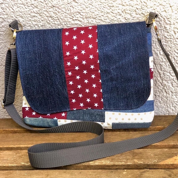 Schultertasche, Handtasche, Upcycling, Unikat, Patchwork, Streifen, blau, weiß, rot, mittel