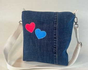 Schultertasche, Handtasche, Upcycling, Jeans, Herzen