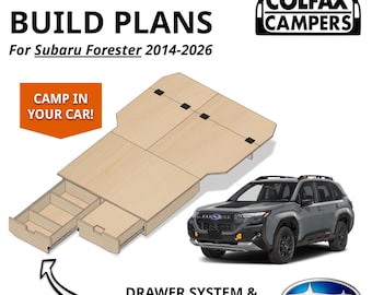 May include: DIY platform build plans for Subaru Forester 2014-2026 by Colfax Campers. The graphic shows a light wood sleeper platform with a built-in drawer system, a gray Subaru Forester, and text stating Camp In Your Car.