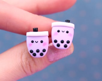 Pendientes Kawaii de Té Boba, Regalo para Amantes de la Comida, Té de Burbujas Morado, Pendientes Miniatura de Comida, Regalo para Hermana, Joyería de Té con Leche, Pendientes Originales