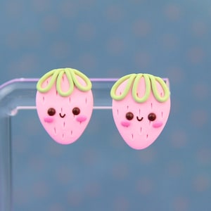 Pink Strawberry Stud Earrings, Cute Gift For Kids, Kawaii Fruit Earrings, Cottagecore Jewelry, Summer Earrings, Novelty Earrings