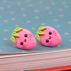 Pink Strawberry Stud Earrings, Gift For Kids, Berry Earrings, Fruit Studs, Goblincore Earrings, Summer Earrings, Cottagecore Jewelry
