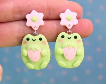 Pale Frog Earrings, Frog Lover Gift, Goblincore Earrings, Pink Strawberry Earrings, Cottagecore Earrings, Froggy Jewelry, Forest Earrings