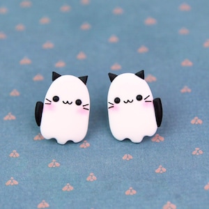 Ghost Cat Earrings, Girlfriend Gift, Halloween Cat Earrings, Spooky Black Cat Earrings, Halloween Jewelry, Cat Lover Gift