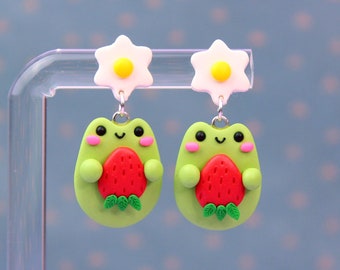 Cute Frog With Strawberry Dandle Earrings, Valentine's Day Gift, Froggy Earrings, Cottagecore Goblincore Earrings, Strawberry Lover Gift