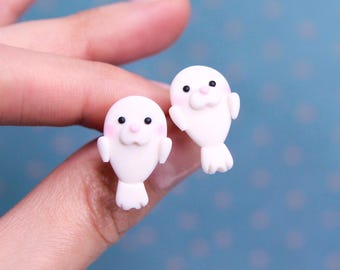 White Baby Seal Stud Earrings, Sea Animal Lover Gift