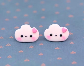 Handmade Polymer clay White Cloud Stud Earrings, Birthday Gift