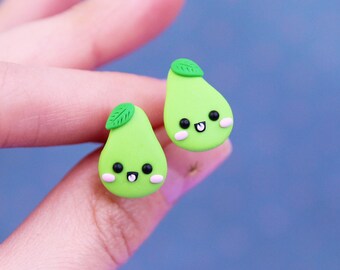 Handmade Polymer clay Green Pear Stud Earrings, Fruit Lover Gift