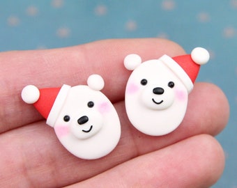 Christmas Bear Stud Earrings, Gift For Kids, Santa Bear Earrings, White Polar Bear Studs, Winter Earrings, Xmas Earrings, Stocking Stuffer