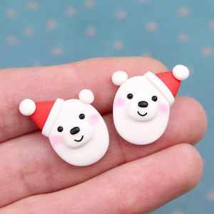 Christmas Bear Stud Earrings, Gift For Kids, Santa Bear Earrings, White Polar Bear Studs, Winter Earrings, Xmas Earrings, Stocking Stuffer