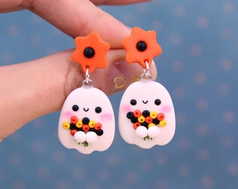 Ghost With Flowers Earrings, Cute Girlfriend Gift, Halloween Earrings, Clay Ghost Floral Earrings, Orange Fall Jewelry, Autumn Earrings