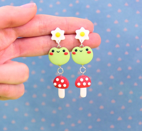 Goblincore Earrings, Forest Lover Gift, Fairy Earrings, Red Mushroom Earrings, Daisy Studs, Cottagecore Earrings, Fly Agaric Charm, Froggy