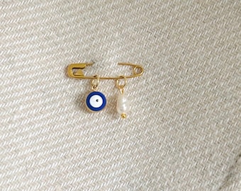 Evil Eye Pearl Brooch, Protection Charm, Evil Eye Safety Pin, Stainless Steel Brooch, Brides Something Blue, Pearl Brooch, Bag Charm