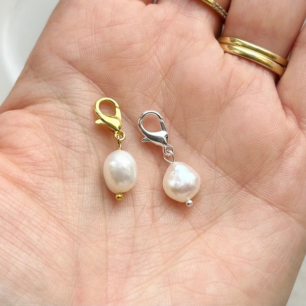 Dainty Baroque Pearl Charm, Pearl Clip On Charms, Ivory Pearl Pendant, Gold Charms, Bag Charm, Pets Collar Charm, Bridal Bouquet Charm