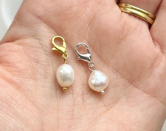 Dainty Baroque Pearl Charm, Pearl Clip On Charms, Ivory Pearl Pendant, Gold Charms, Bag Charm, Pets Collar Charm, Bridal Bouquet Charm