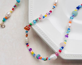 Beaded multicoloured necklace, pearl bead necklace, mixed gemstone choker, seed bead necklace