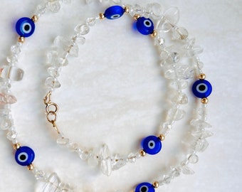 Evil Eye Necklace, Clear Crystal Necklace,  Gemstone Beaded Choker, Boho Jewellery, Handmade Necklace, Hippie Choker, 14k Gold Filled Beads