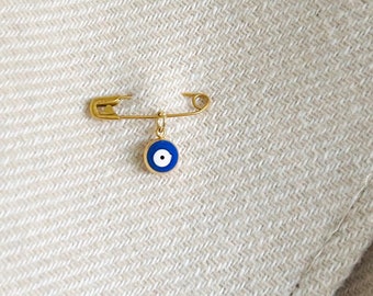 Evil Eye Gold Brooch, Protection Charm, Evil Eye Safety Pin, Stainless Steel Brooch, Brides Something Blue, Bag Charm,