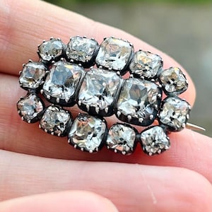 Antique Georgian Black Dot Rock Crystal Brooch, Georgian Silver and Gold Foiled Crystal Brooch, Victorian C Clasp Black Dot Paste Brooch