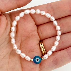 Evil Eye Pearl Bracelet, Evil Eye Beaded Bracelets, Dainty Freshwater Pearl Bracelet, Protection Eye Bracelet, Turkish Eye Gift image 2