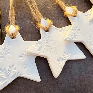 Rustic Clay Embossed Stars, Christmas Hanging Decorations, Pack of 2/4/6/10, White Star, Snowflakes, Scandi Home, Gift Tags, Tree Decoration