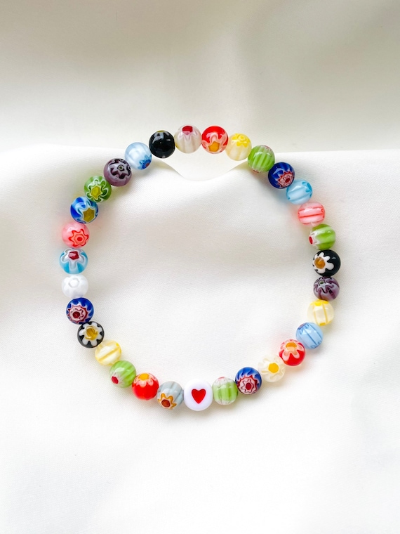 Millefiori Heart Bracelet Flower Beaded Bracelets Multicoloured Bracelet Womens Elastic Bracelet Hippie Bracelet Boho Jewellery Etsy