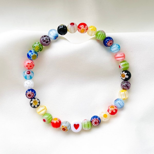 Millefiori Heart Bracelet, Flower Beaded Bracelets, Multicoloured Bracelet, Womens Elastic Bracelet, Hippie Bracelet, Boho Jewellery