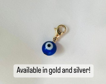 Clip de mal de ojo en encanto, colgante de cierre de mal de ojo de oro, algo azul delicado, llavero de mal de ojo de plata, encanto de collar de mascota, encanto de protección