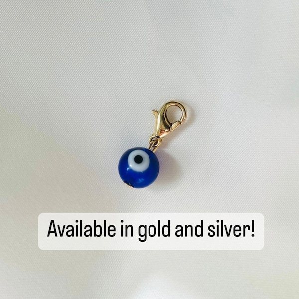 Evil Eye Clip On Charm, Gold Evil Eye Clasp Pendant, Dainty Something Blue, Silver Evil Eye Keyring, Pet Collar Charm, Protection Charm