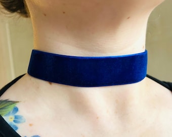Blue Velvet Choker, Victorian Style Ribbon Choker, 25mm Black Velvet Choker Necklace, Vintage Ribbon Chokers, Stainless Steel Ribbon Choker