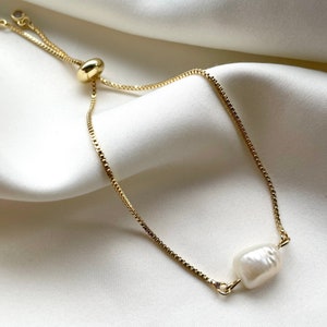 Single Pearl Adjustable Bracelet, Womens Dainty Pearl Bracelets, Gold Plated Slider Bracelet, Silver Bride Bracelet, Birthday Gift for Girls