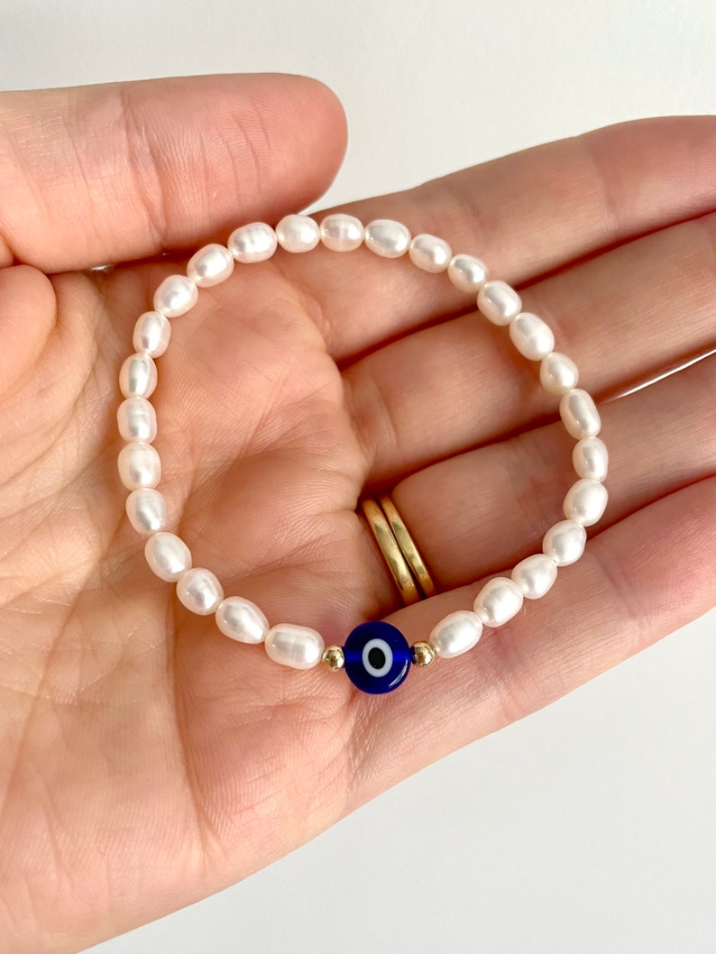 Evil Eye Pearl Bracelet, Evil Eye Beaded Bracelets, Dainty Freshwater Pearl Bracelet, Protection Eye Bracelet, Turkish Eye Gift image 5