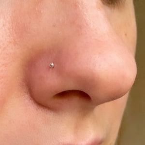 Könnte beinhalten: Nahaufnahme einer Nase mit einem kleinen silbernen Nasenpiercing.