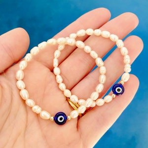 Evil Eye Pearl Bracelet, Evil Eye Beaded Bracelets, Dainty Freshwater Pearl Bracelet, Protection Eye Bracelet, Turkish Eye Gift image 4