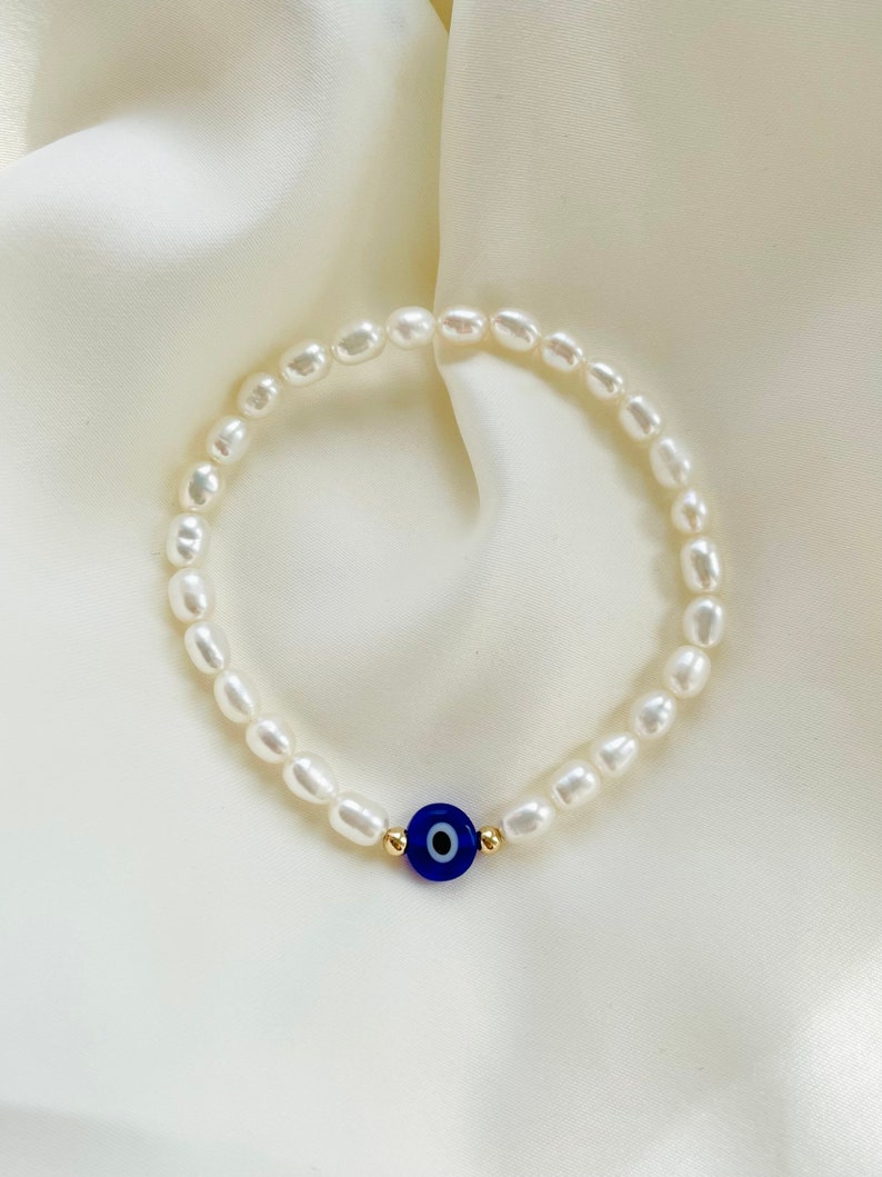 Evil Eye Pearl Bracelet, Evil Eye Beaded Bracelets, Dainty Freshwater Pearl Bracelet, Protection Eye Bracelet, Turkish Eye Gift image 1