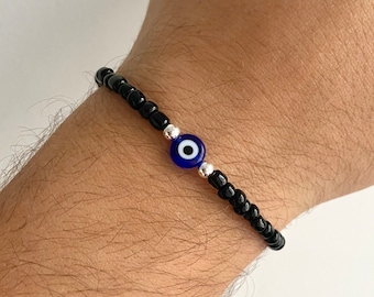 Evil Eye Beaded Bracelet, Mens Black Bracelets, Evil Eye Silver Stretch Bracelet, Mens Stacking Bracelets, Birthday Gift For Boyfriend