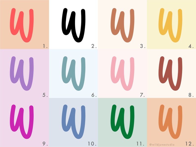 Pu&ograve; includere: Un'illustrazione di graphic design della lettera "W" in 12 colori diversi, tra cui rosso, nero, marrone, giallo, viola, blu, rosa, marrone, magenta, indaco, verde e arancione. La lettera &egrave; stilizzata con un carattere arrotondato e scritto a mano.