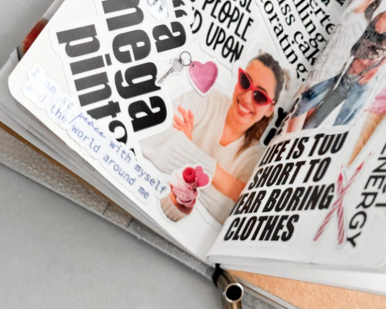 a collage of various images, including a woman wearing sunglasses, a cupcake, and a pair of jeans. The collage also includes text that reads "I am a peace with the world around me" and "Life is too short to wear boring clothes".