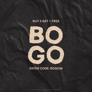 The image is a promotional poster for a sale, featuring the text "BUY 3 GET 1 FREE" and "BOGO26" prominently displayed.