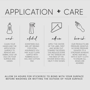 four simple illustrations and instructions related to the application and care of stickers.