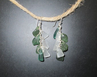 Green/white sea glass dangle earrings