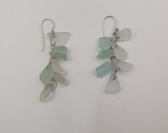 Sea glass dangle earrings, white and pale aqua