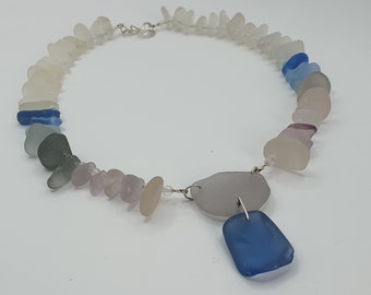 Lavender, Blue, and Gray Beach Glass Necklace with Double Pendant