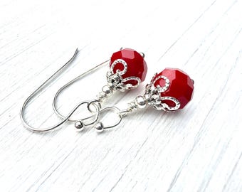 Red Glass Earrings Dangle Czech Glass Bead Earrings, Wire Wrapped Glass Drop Handmade Artisan Jewelry, Red and Silver Boho Gift for Her