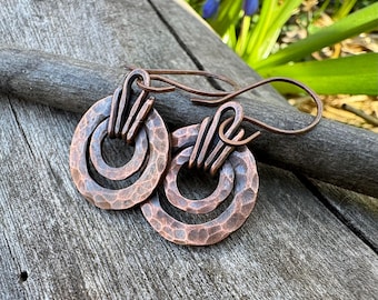 Boho Hoop Earrings Copper Rustic Artisan Earrings, Wire Wrap Earrings Jewelry, Double Hoop Handmade Earrings, Bohemian Hand Forged Earrings