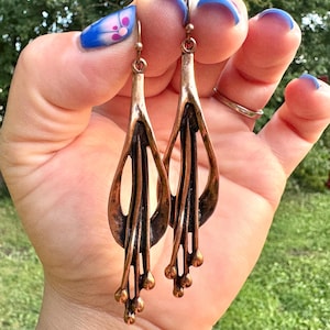 Boho Copper Earrings, Long Dangle Earrings, Aged Copper Flower Earrings, Bohemian Jewelry, Large Statement Earrings, Ethnic Style Earrings