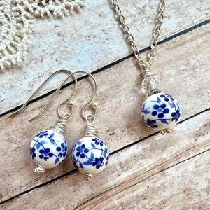 Blue Floral Porcelain Earrings Wire Wrapped Vintage Style Dangle Earrings Fine China Jewelry Gift for Her Boho Floral White Bead Earrings